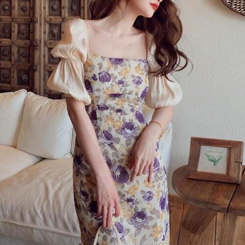 Lady Maxi Dress Square Neck Puff Sleeve Polyester Floral Printed Streetwear for Daily Wear vestido de mujer 2021