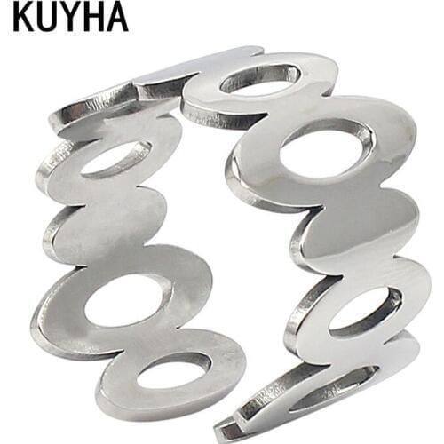 Silver Color Hollow Oval Ring Geometric Round Wide Adjustable Cuff Ring Women Men Statement Pulseira Feminina