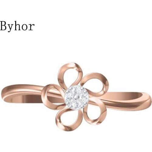 Byhor Solid 14K White+Rose Gold 0.032ct H/SI Natural Diamonds ring Women Fine Jewelry Trendy Wedding Band кольцa flower Ring