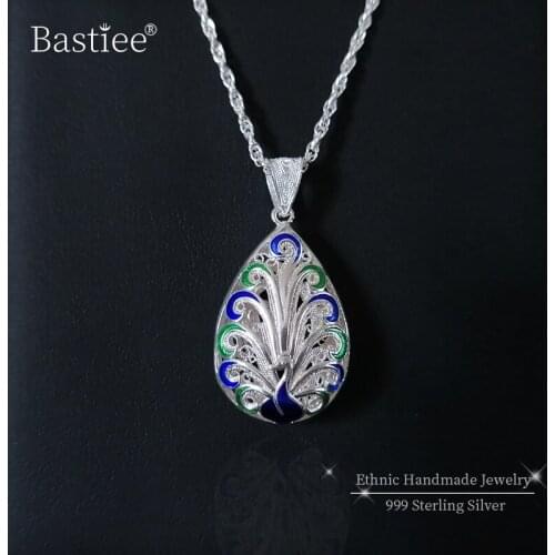 Peacock 999 Sterling Silver Pendant Water Drop Necklace Women Cloisonne Enamel Jewelry Luxury Handmade Ethnic Pendants Hollow
