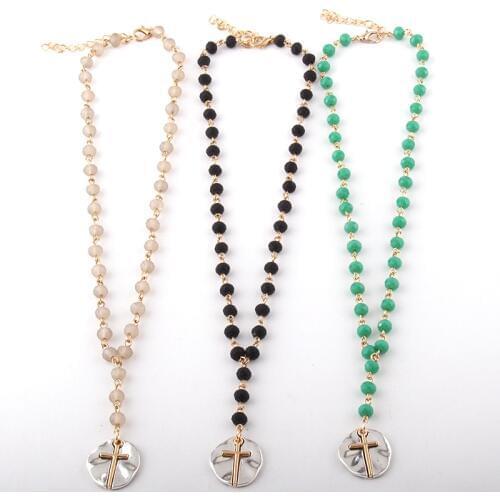 Fashion Fashion Bohemian Jewelry 6mm Glass Crystal Bead Link Crystal Cross Pendant Necklaces For Women Ethnic Necklace
