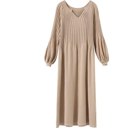 Autumn Winter Women Knitted Sweater Dress 2020 New Korean Lantern sleeve V Neck Elegant Long Dress Ladies Bottoming Loose Dress