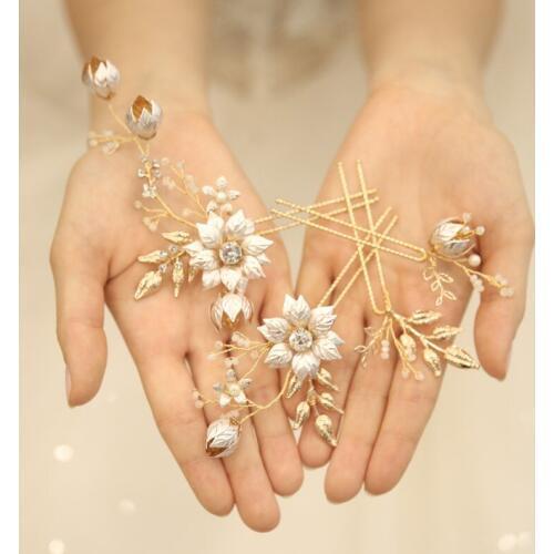 Boho Gold Flower Hair Pins Clips Bridal Leaf Headpiece Handmade Wedding Hair Jewelry Pearls Women Prom Accessories