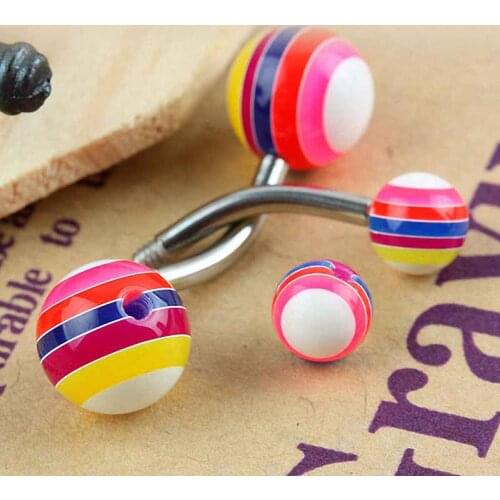 2pcs Rainbow Stripes UV Ball Stainless Steel Barbell Belly Piercing Navel Ring For Women