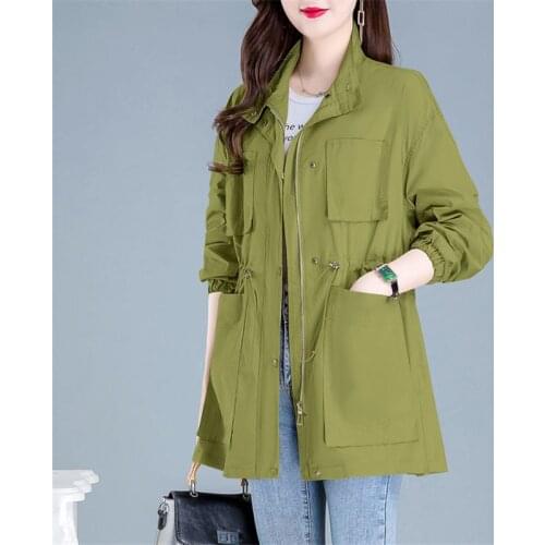 2021 Spring Autumn Slim Casual Stand Collar Trench Coat Plus Size 4XL Lining Outwear Womens Student Adjustable Waist Casual Tops