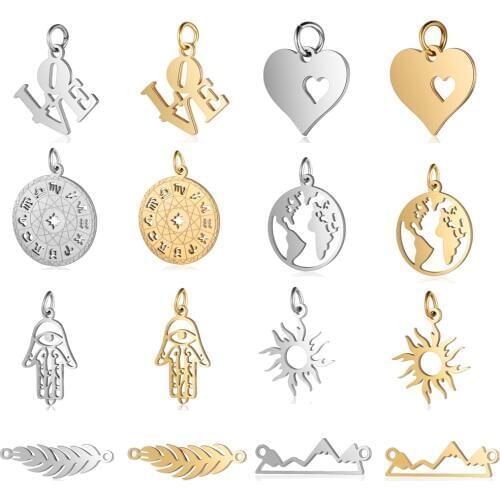 5pcs/lot 12 Zodiac Horoscope DIY Charms Wholesale Stainless Steel World Map Leaf Pendant Palm Sun Hamsa Hand Connectors Charm