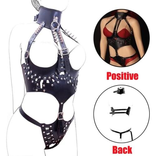 BDSM Bondage Womens Open Breast Bra With Spiked Collar,Sexy Leather Waist Cincher Underwear Female Chastity Belts,SM Sex Toys