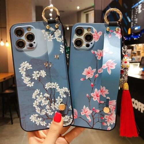Sumkeymi Wrist Strap Phone Holder Case For iphone 11 Case For iphone 12 7 8 Plus mini Pro Max X XS XR Flower Hand Band Case