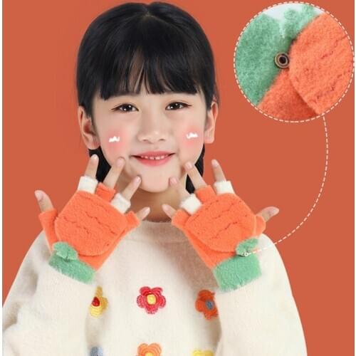 Kids Winter Warm Convertible Flip Top Cartoon Knitted Gloves with Mitten Cover 449F