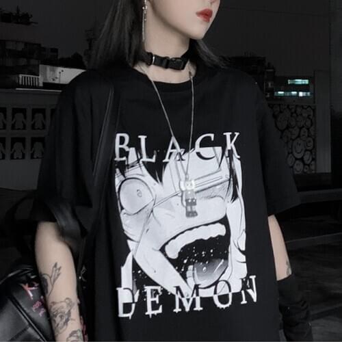 Harajuku Punk Goth Anime Cartoon Graphic Print T Shirt Women Black Clothes Vintage Korean Style Short Sleeve Plus Size Y2K Top