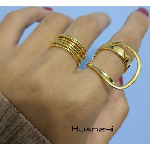 HUANZHI 2021 New Multi-layer Line Entangled Irregular Metal Double Layer Hollow out Opening Adjustable Ring for Women Jewelry