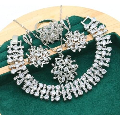 Exquisite White Zircon Silver Color Bride Jewelry Set for Women Wedding Bracelet Earrings Necklace Pendant Ring Christmas Gift