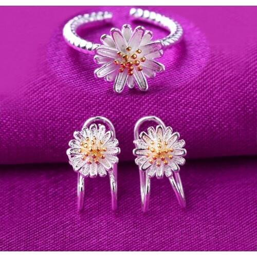 1 Set Lovely Ring And Earring Set, Fashion Silver Female Fresh Daisy Studs And Rings Jewelry Set Korean Style Jewelry