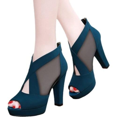 Summer Women High Heel Shoes Mesh Breathable Zip Pointed Toe Thick Heels Fashion Female Dress Shoes Elegant Footwear
