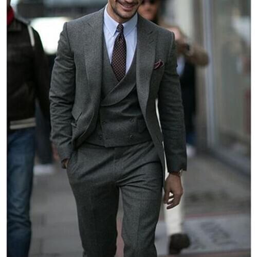 Gray Woolen Tweed Causal Suits for Men Wedding 3 piece Groom Tuxedo Man Fashion Clothes Set Jacket Vest with Pants 2020
