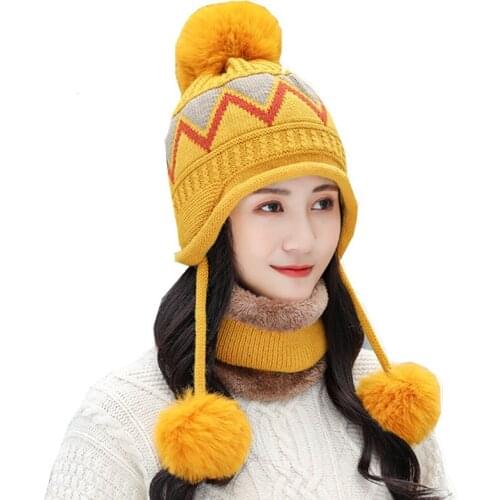 New 2020 Winter Women Knitted Hat Scarf Two Pieces Set Fashion Wool Thickening Hat Collars Female Warm Hat Casual Snow Cap