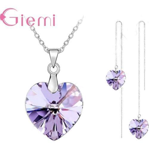 Romantic Lovely Crystal Ocean Heart Real 925 Sterling Silver Pendant Necklace Earring Jewelry Set Women Wedding Gifts