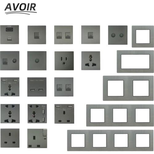 Avoir DIY Free Combination Usb Wall Electrical Socket Power Outlets Gray Aluminum Brushed TV Network RJ45 TEL Double Plugs 220V