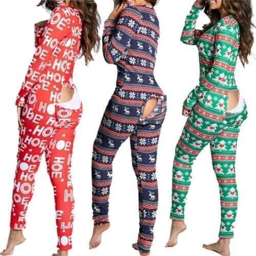 Sexy Pyjama Womens Jumpsuit Suit Button-down Front Back Butt Bum open Ass Flap Jumpsuit Loungewear Christmas Print Buttoned