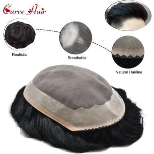 Fine Mono Durable Mens Toupee Poly Coating Remy Hair System Replacement For Men Jet Black