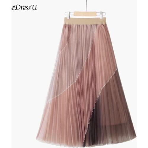 EDressU Gradient Tulle Pleated Skirt Patchwork Midi Long A-Line High Quality Vintage Elegant Pink Black Bottom JET-1