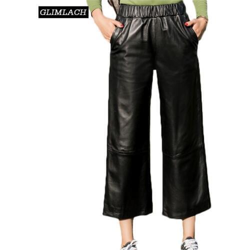 2019 New Genuine Leather Pants Women Harem Elastic Waist Pants Streetwear Vintage Casual Black Ladies Sheepskin Leather Trousers
