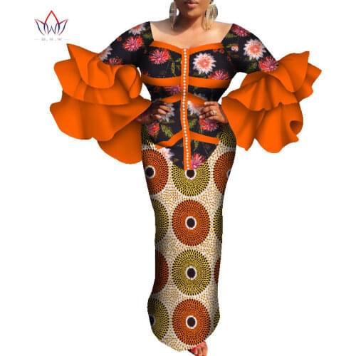 African Dresses for Women Maxi Long Dress Flare Sleeve Vintage Ankara Print Party Gowns African Traditional Kanga Clothing WY018