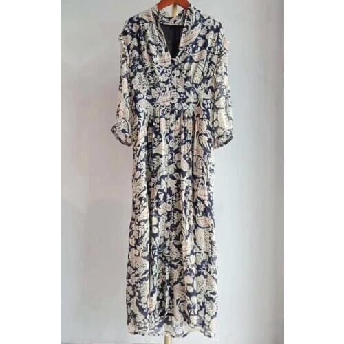 2020 Autumn and Winter New Printed Ruffled V-neck Three-quarter Sleeves Waist Slim Long Women Midi Dress