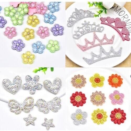10Pcs/Lot Felt Embroidery Acrylic Rhinestone Pearl Flower Star Heart Crown Patches Bridal Appliques For Garment Decoration