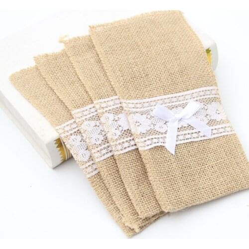 5pcs Natural Burlap Lace Silverware Bag Utensil Holder Cutlery Pouch Hessian Knife Fork Tableware Bags for Wedding Party Decor