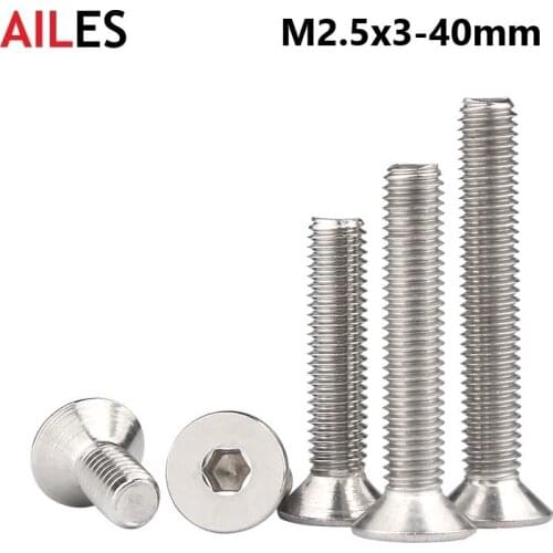 M2.5 Countersunk Hexagon Socket Bolts 2.5mm x 3 4 5 6 8 10 12 22 25 28 30 35 38 40mm 304 Stianless Steel Flat Head Allen Screws