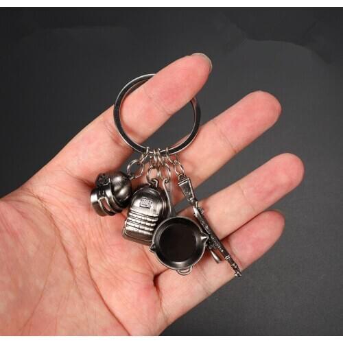 Game PUBG Key Chain Frying Pan Backpack Helmet Playerunknowns Battlegrounds Cosplay Props Alloy Armor Model 98K Key Chain Suit