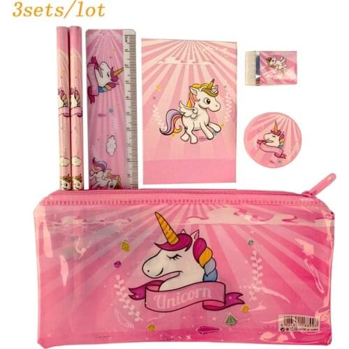 3sets/lot unicorn high quality pencil case cute Kids school supplies stationery set cartoon pencil case Bag study supplies