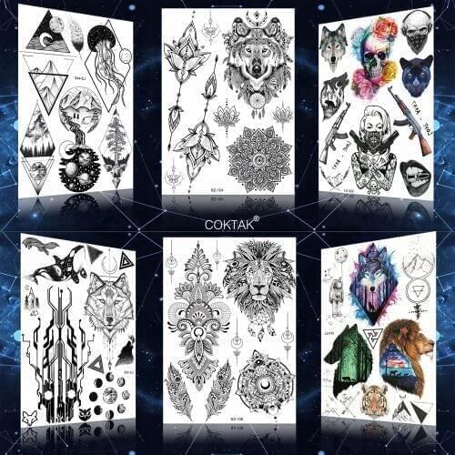 COKTAK Fashion Mandala Flower India Wolf Tattoos Temporary Women Body Arm Neck Adult Tattoo Stickers Fake Waterproof Lion Sheet