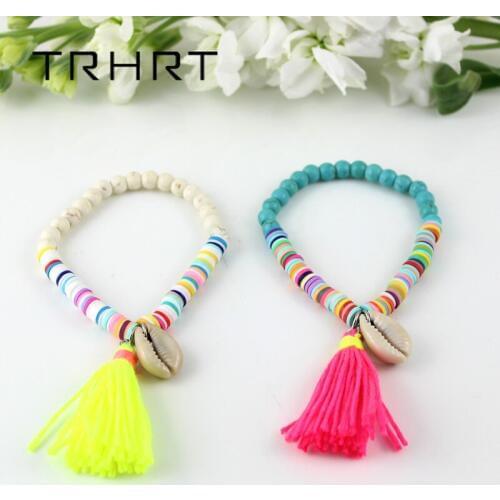 2 colors Womens Handmade Cotton Tassel Shell Bangle Bracelet Rainbow Clay Beads Charm Simple Jewelry