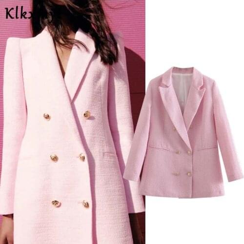 Klkxmyt Za 2021 New Women Vintage Pink Texture Tweed Blazer Coat Office Ladies Long Sleeve Suits Female Outerwear Chic Tops