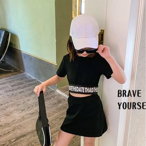 2 Pieces Kids Suit Set Girls Letter Print O-Neck Short Sleeve Crop Tops+ Solid Color Skirt for Summer Pink/Black 3-8Years