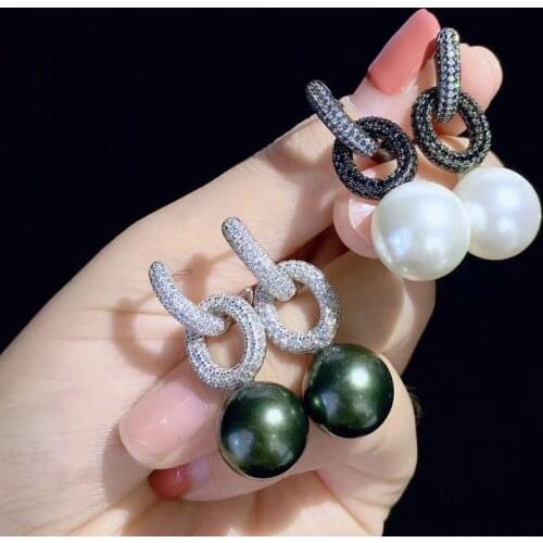 Round White Sea Shell Pearl Cz pave Stud Earrings