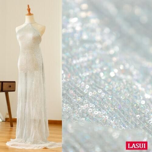 LASUI NEW 1 yard=1 piece shiny Folded fish scales silver Sequin wedding Evening dress costume cloth Sequined mesh lace fabric