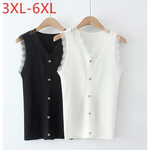 New 2021 Ladies Summer Plus Size Knit Tank Tops For Women Large Sleeveless Slim White Black Lace Vest Shirt 3XL 4XL 5XL 6XL