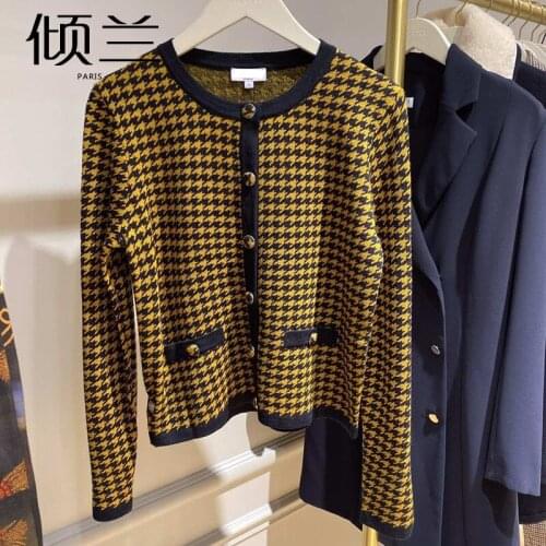 Patads French minority vice brand autumn and winter new womens thousand bird check short knitted cardigan ca00076