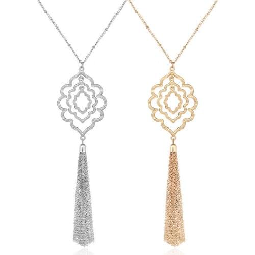 Necklace Women Bohemian Vintage Hollow Pattern Gold Silver Long Personalized Jewelry Large Tassel Necklaces Drawstring Pendant