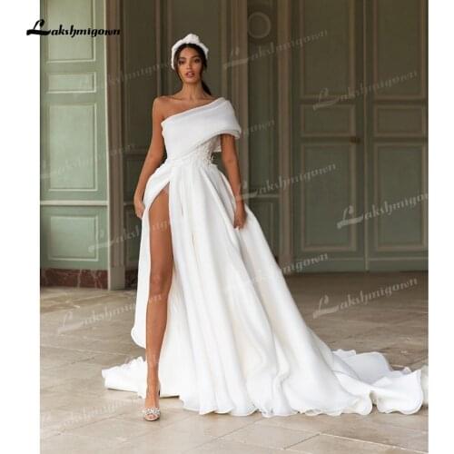 Romantic A-Line Soft Satin Wedding Dresses One Shoulder Sleeveless Boat Neck Back Bow Side Split Ruched Chapel Train Bride Gowns