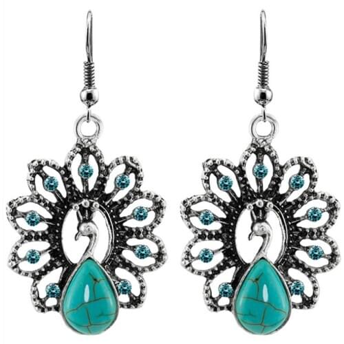 Silver Plated Alloy Green Turquoises Stone Peacock Shape Drop Earrings with Rhinestone Jewelry