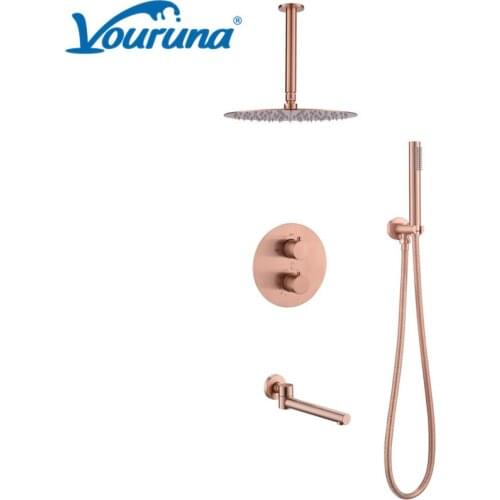 VOURUNA Thermostatic Shower System Ceiling Mounted Btahroom Shower Set Brushed Rose Golden Finish