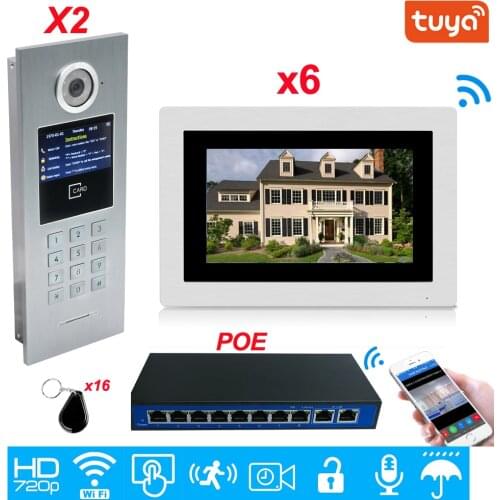 TuyaSmart APP WiFi Door Phone IP Video Intercom for2 Doors Building Home Access Control System Password+IC Card 7'' Touch Screen