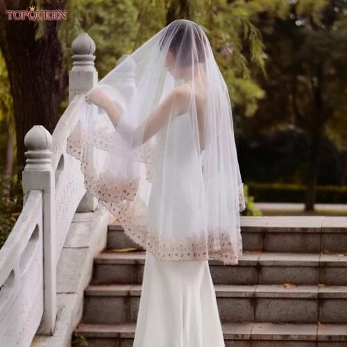 TOPQUEEN V59 Swiss Voile Pure White Lace Fabric Champagne Wedding Veil Golden Wedding Bride Veil without Comb Turkey