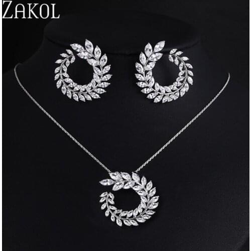 ZAKOL Fashion Zircon Stone Leaf Wedding Jewelry Sets For Women Party Gift Crystal Earrings Necklace Set Wholesale FSSP260