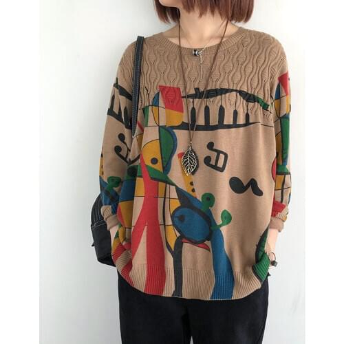 Cotton Thread Pullover Sweater Womens Autumn New Retro Loose Large Size Round Neck Thin Print Long Sleeve Knit Shirt 2020 y128