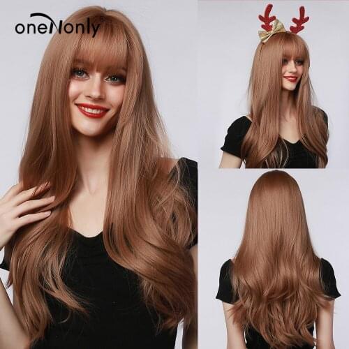 OneNonly Medium Length Natural Wave Wig Golden Brown Synthetic Wigs with Bangs For Women Lovely Cosplay Hair Heat Resistan